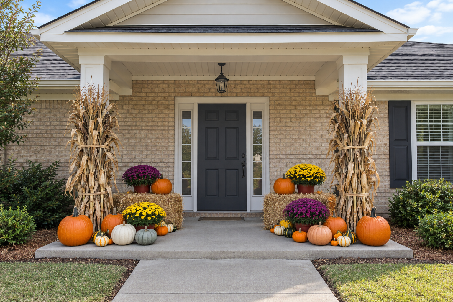 Digital design concept of a brick porch with purple and yellow mums, pumpkins and cornstalks around a clear entry