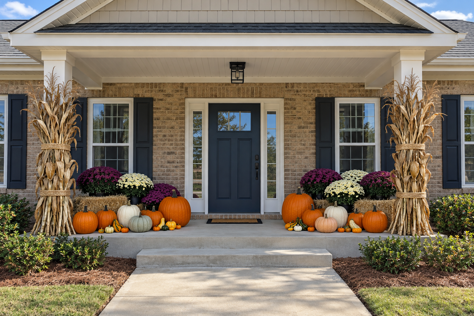 Digital design concept of fuller plum and cream mums and pumpkin groups on a brick porch
