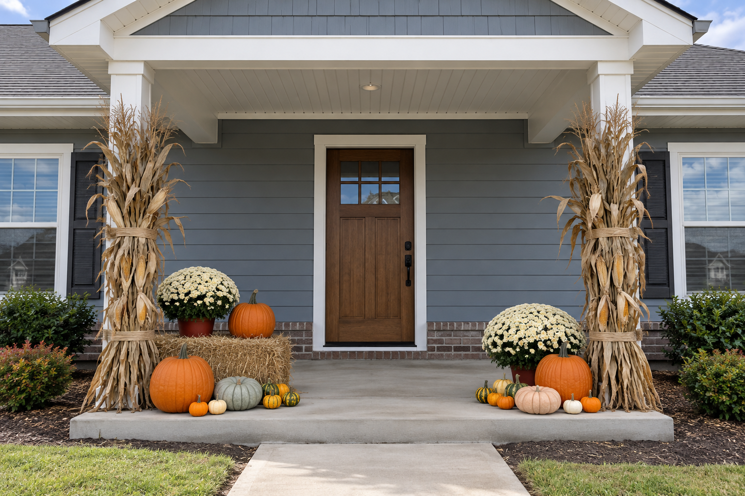 Digital design concept of a porch decorated with pumpkins, mums and cornstalks