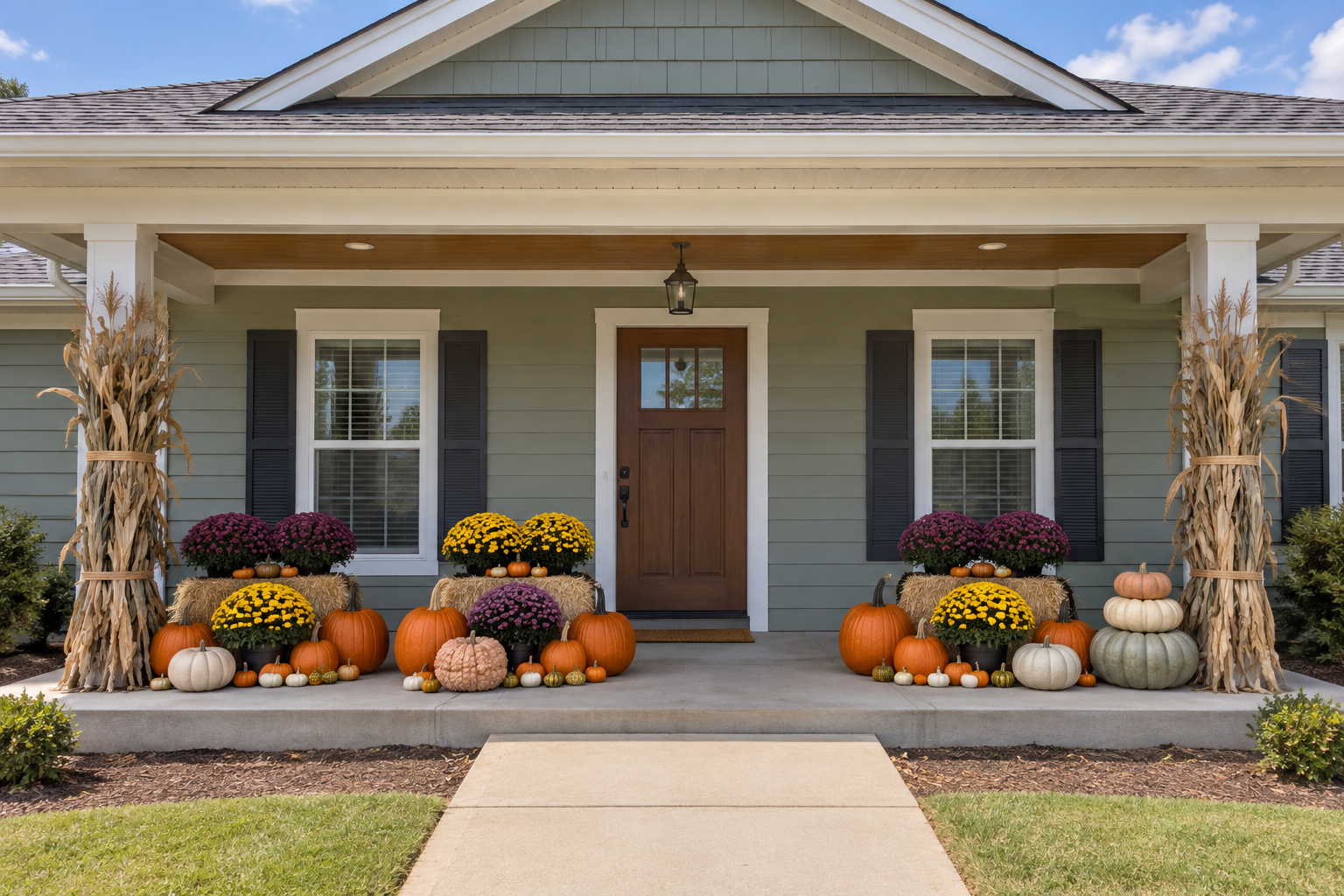 Digital design concept of a broad sage porch with larger harvest groupings and a three pumpkin stack